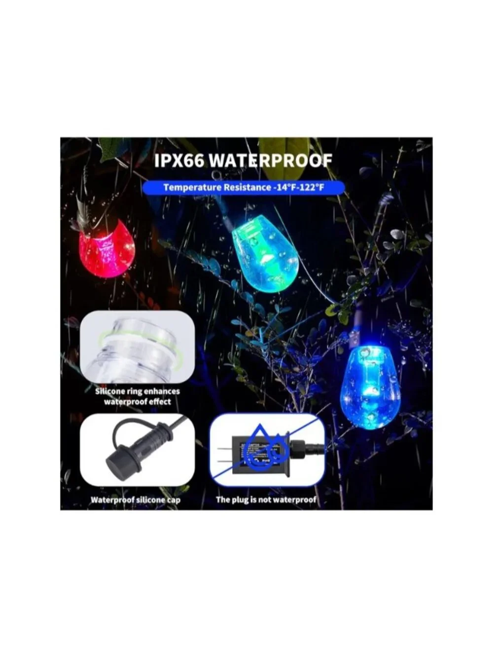 Outdoor String Lights 50FT- 20 RGBW LED Bulbs Dimmable & Waterproof App & Remote